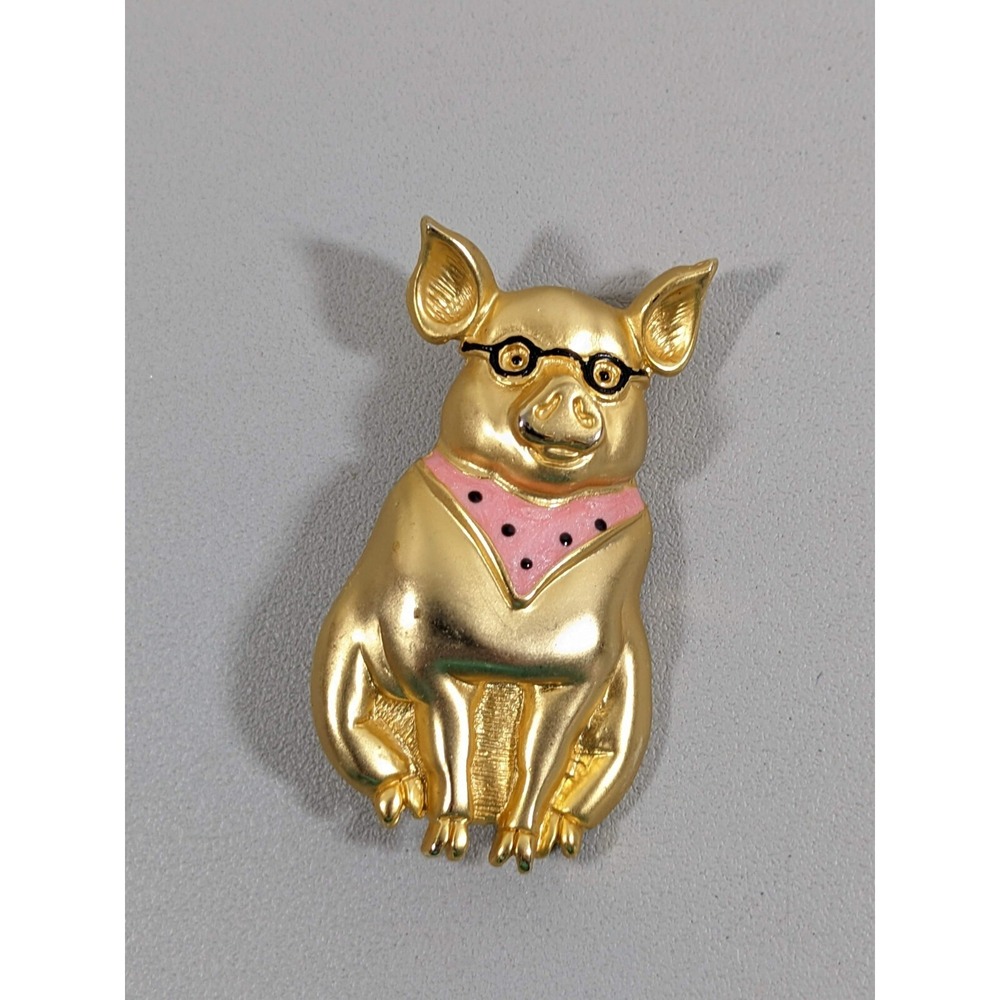 Vintage Gold Tone Pig Pink Bandana Glasses Pin
